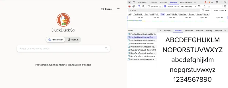 Screenshot of a browser window open on DuckDuckGo with the developer tools open on the Network tab and filtered on the Fonts, where we see 9 font files being downloaded