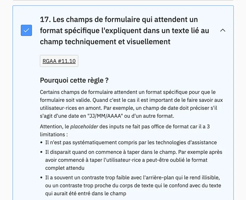 A screenshot of the accessibility checklist website with a detail on one of the rules