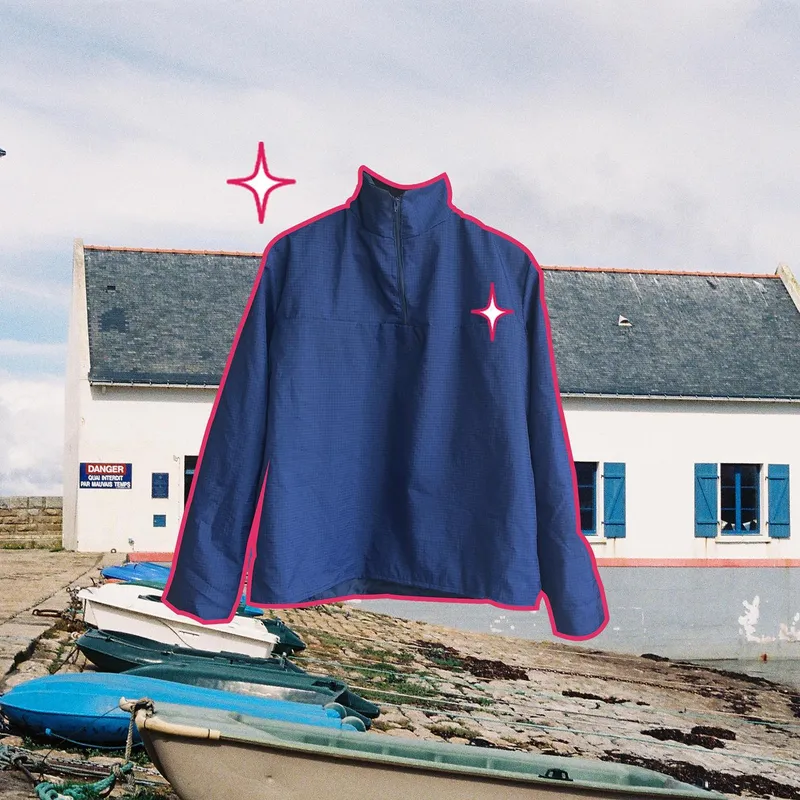 Collage of a blue jacket with sparkly stars in front of a white house