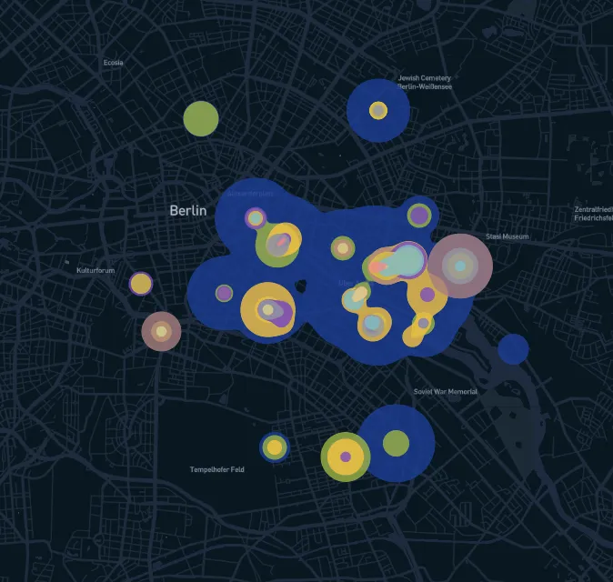 A screenshot of an interactive map of Berlin where music events are represented with gooey circles