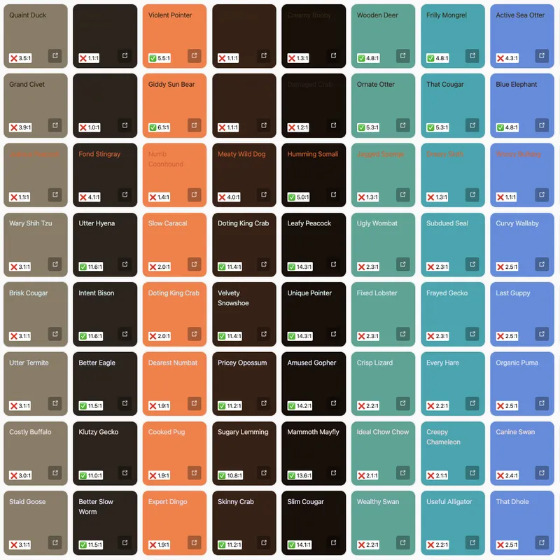 A screenshot of the contrast grid tool with a few color combinations shown. The invalid combinations are hidden