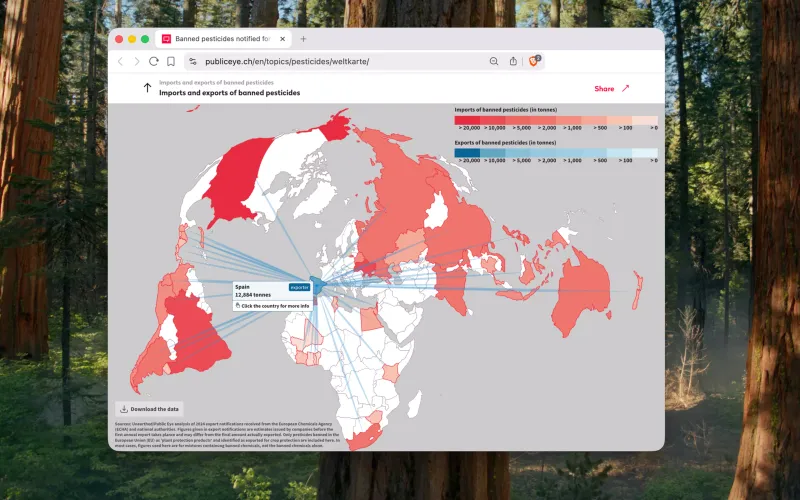 A screenshot of the interactive map app for Public Eye's world map of exported pesticides