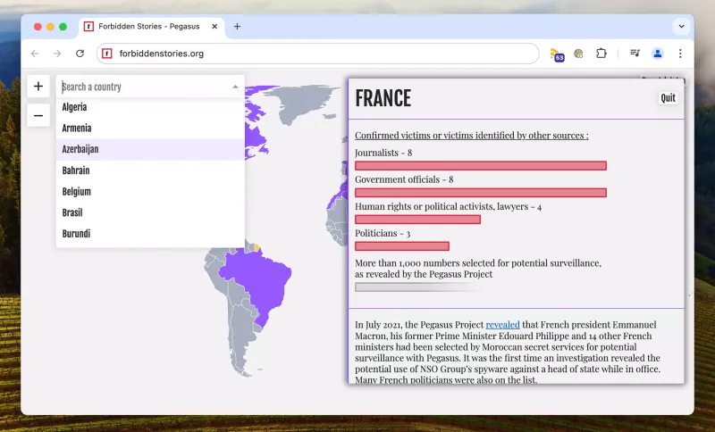 A screenshot of the interactive map app for Forbidden Stories' one-year Pegasus Project revelations anniversary