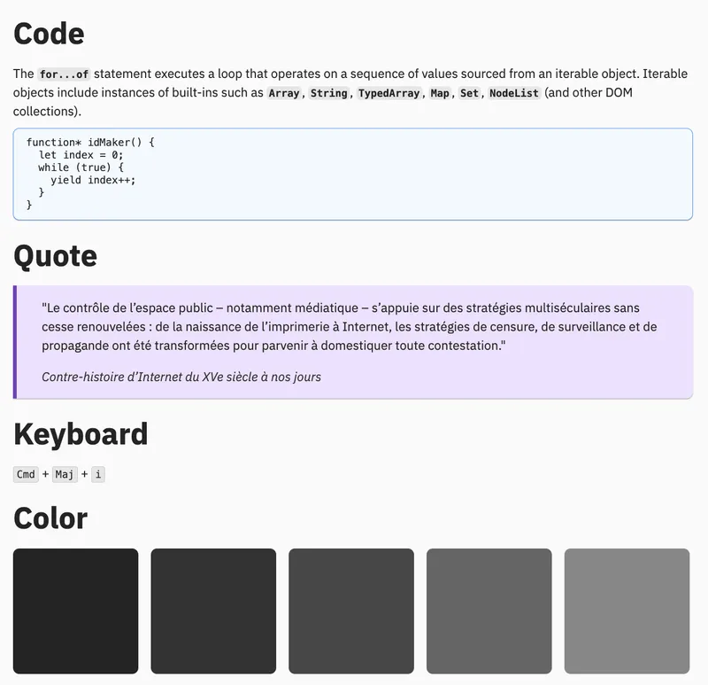 Examples of code, quotes and keyboard elements from the library