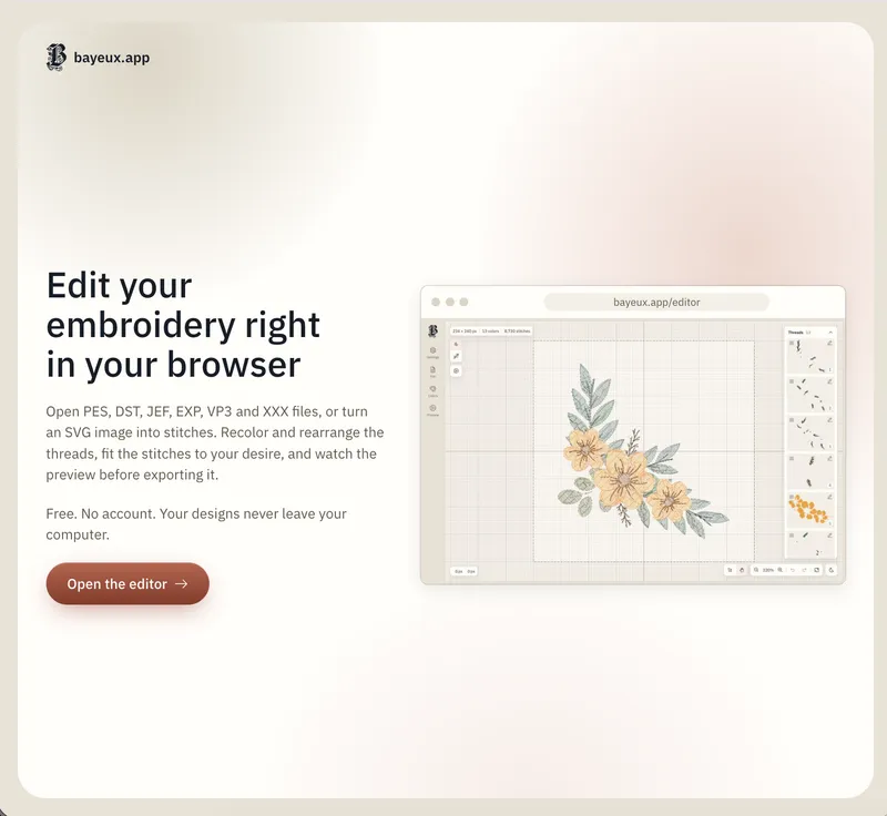A screenshot of the landing page of bayeux.app