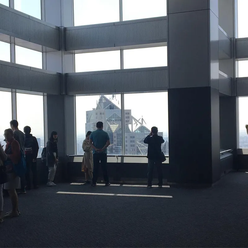 Visitors silhouetted against floor-to-ceiling windows at a Tokyo skyscraper observation deck