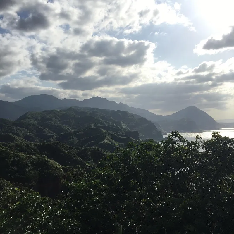 Lush green mountainous coastline with shimmering sea under a cloudy sky in northern Taiwan