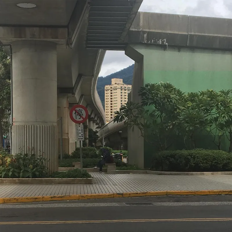 Under an elevated metro structure with a no-parking sign, green walls and a mountain in the gap