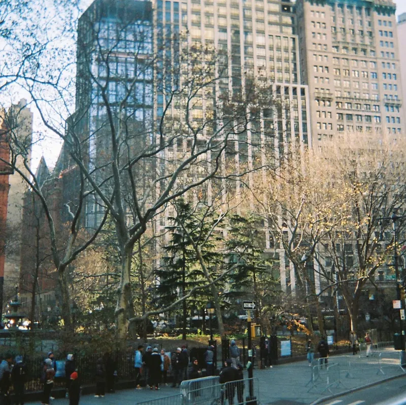 Bare winter trees in a city park with skyscrapers and a crowd of pedestrians behind iron fencing