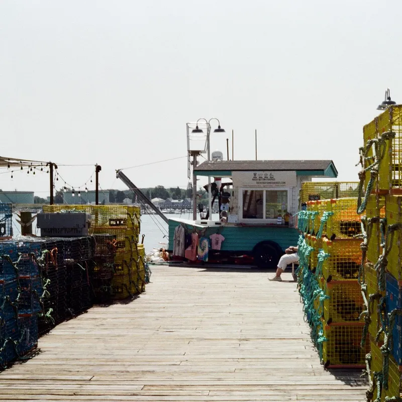 A wooden dock lined with yellow lobster traps