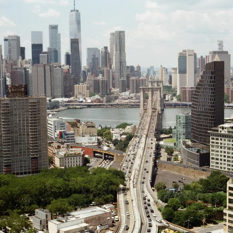 Aerial view of the Brooklyn Bridge and Lower Manhattan skyline