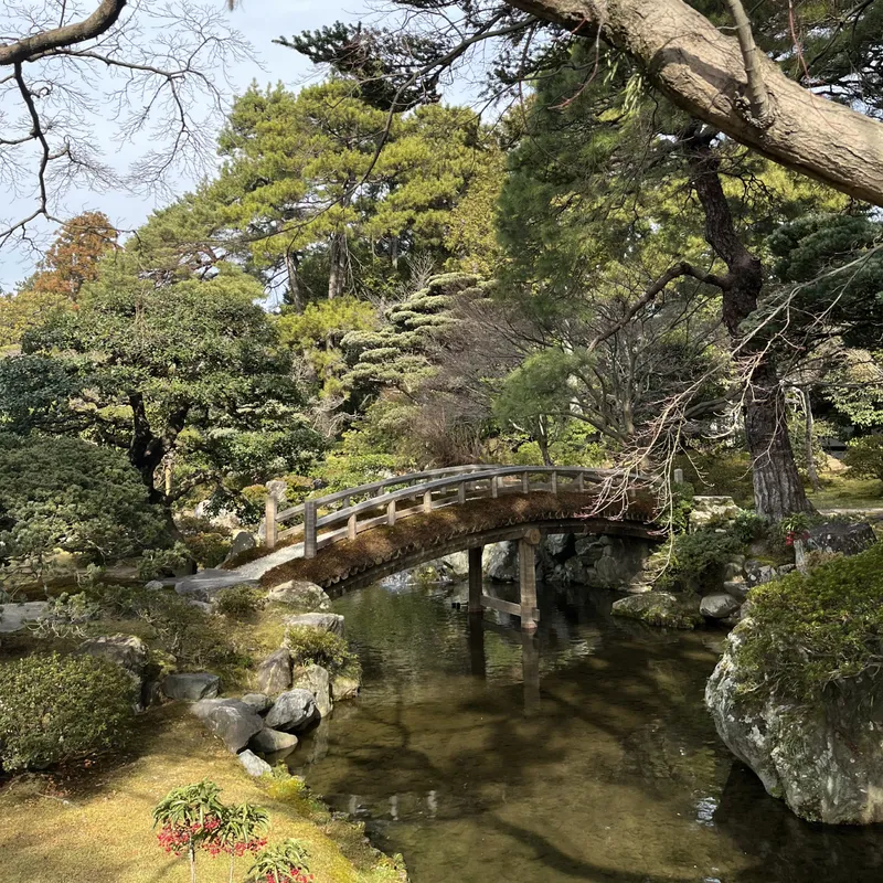 A mossy arched wooden bridge over a still pond in a traditional Japanese garden in Kyoto