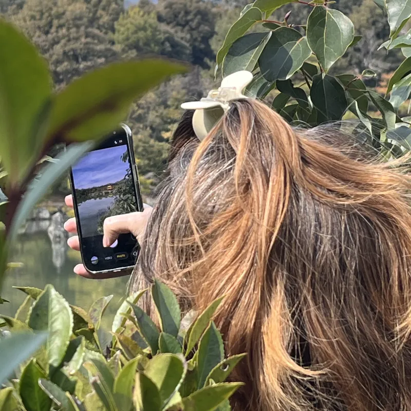 A woman photographing Kinkaku-ji temple on her phone through garden foliage