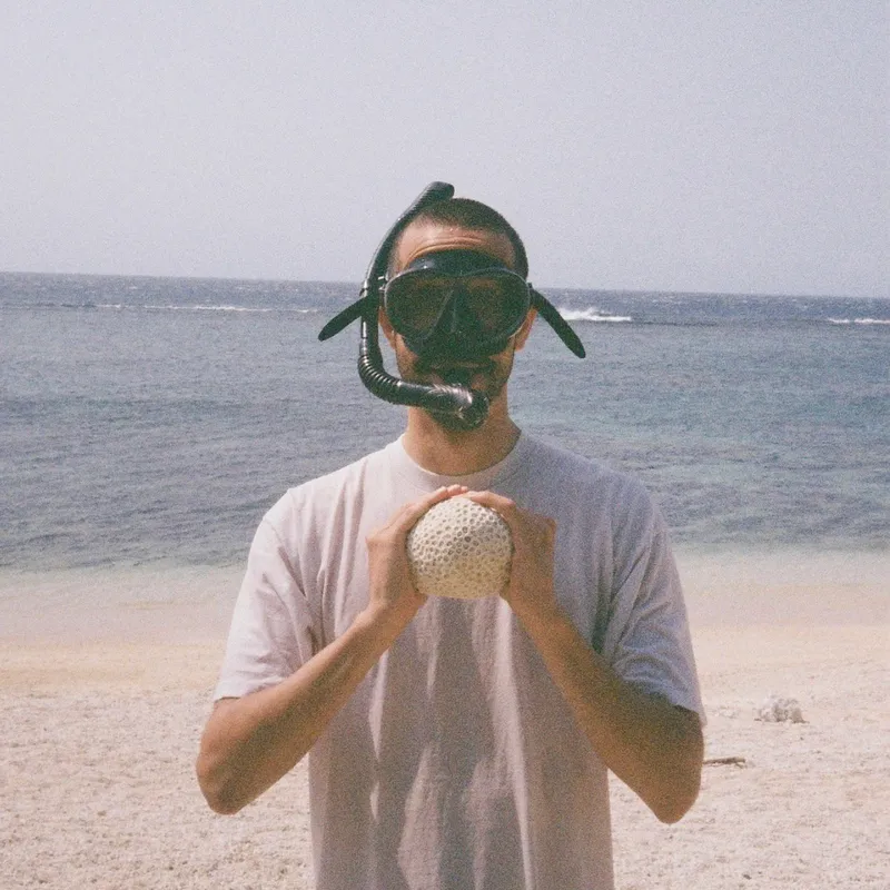 A person in a snorkel mask holding a piece of coral on a white sand beach